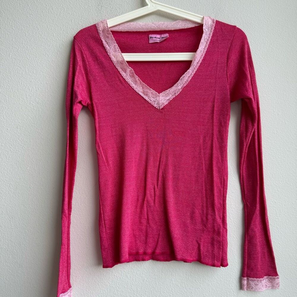 Anthropologie Michael Stars Pink Lurex Lace Trim Long Sleeve Top One Size Medium - Picture 1 of 5